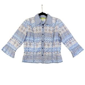 Sigrid Olsen Womens Geometric Print Button Down Blouse Petite Size Medium Blue
